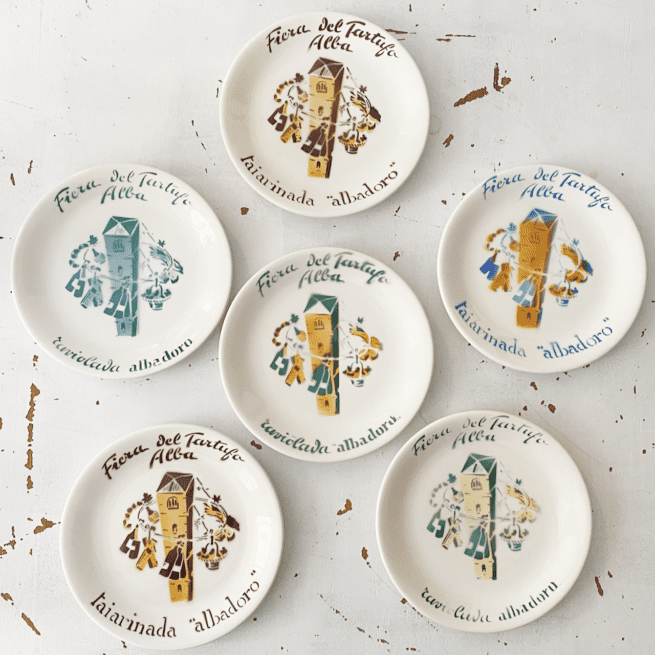 sechs Keramikteller Fiera del Tarfufo Alba aus den 60er Jahren